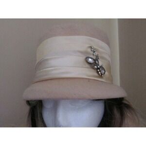 Vintage 60s Ivory Felt Bucket Hat Satin Trim Rhinestone Embellished Mod